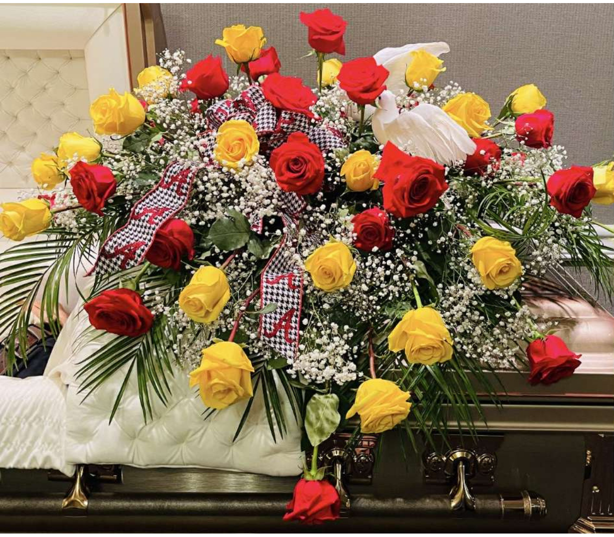 Baby's red and yellow casket spray Baby's red and yellow casket spray